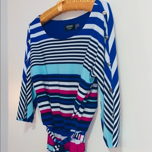 Guess | Blue Striped Open Button 3/4 Sleeves | Sash Waist MIDI Dress | Size 6 - Picture 2 of 9